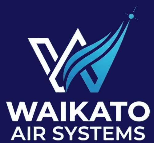 A digital logo graphic for 'Waikato Air Systems' on a solid dark blue background. The logo features a stylized white and blue 'W' with a wind turbine blade motif, above the text 'WAIKATO AIR SYSTEMS' in white and the tagline 'Pneumatic Automation & Air Treatment Specialists' in light blue.
